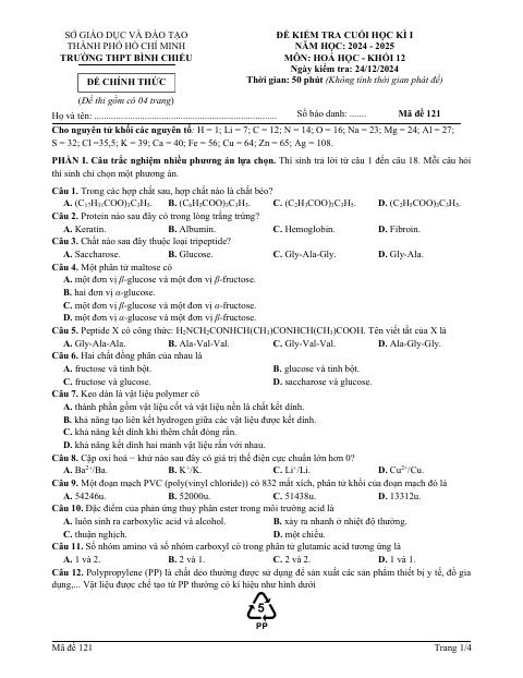 Đề thi Học kì 1 Hóa học 12 năm 2024-2025 trường THPT Bình Chiểu (TP Hồ Chí Minh)